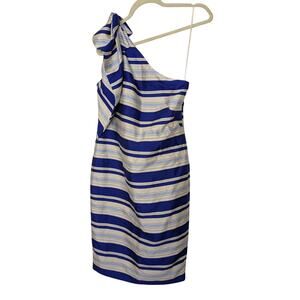 Banana Republic One Shoulder Striped Blue Black Midi Dress Womens Size 2